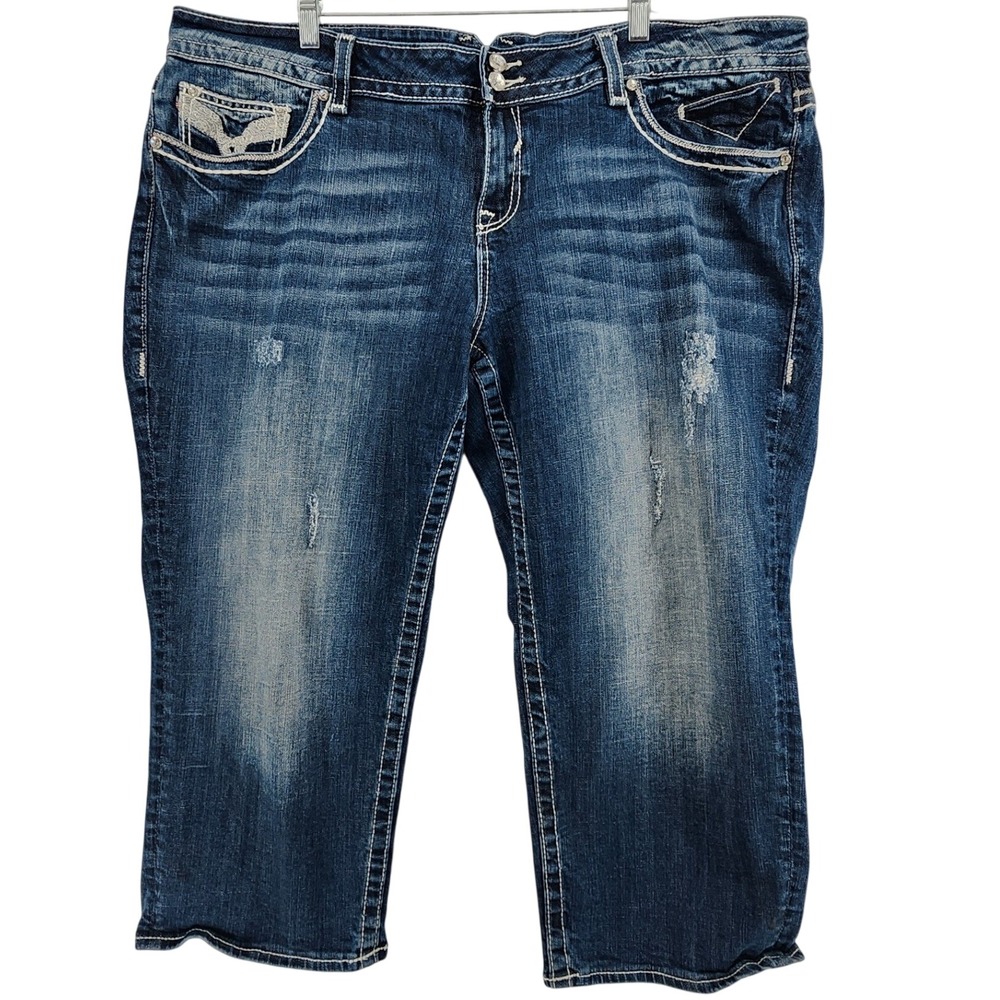 Vigoss 24 Blue Capri Jeans Embroidered Lace Y2K McBling Western Boho Bling